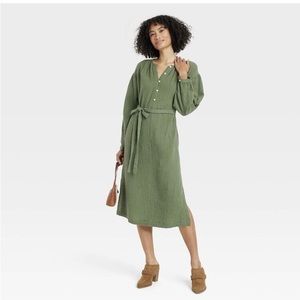 NWT - Universal Threads - Women’s Long Sleeve Maxi Dress, Green Tea, Cotton